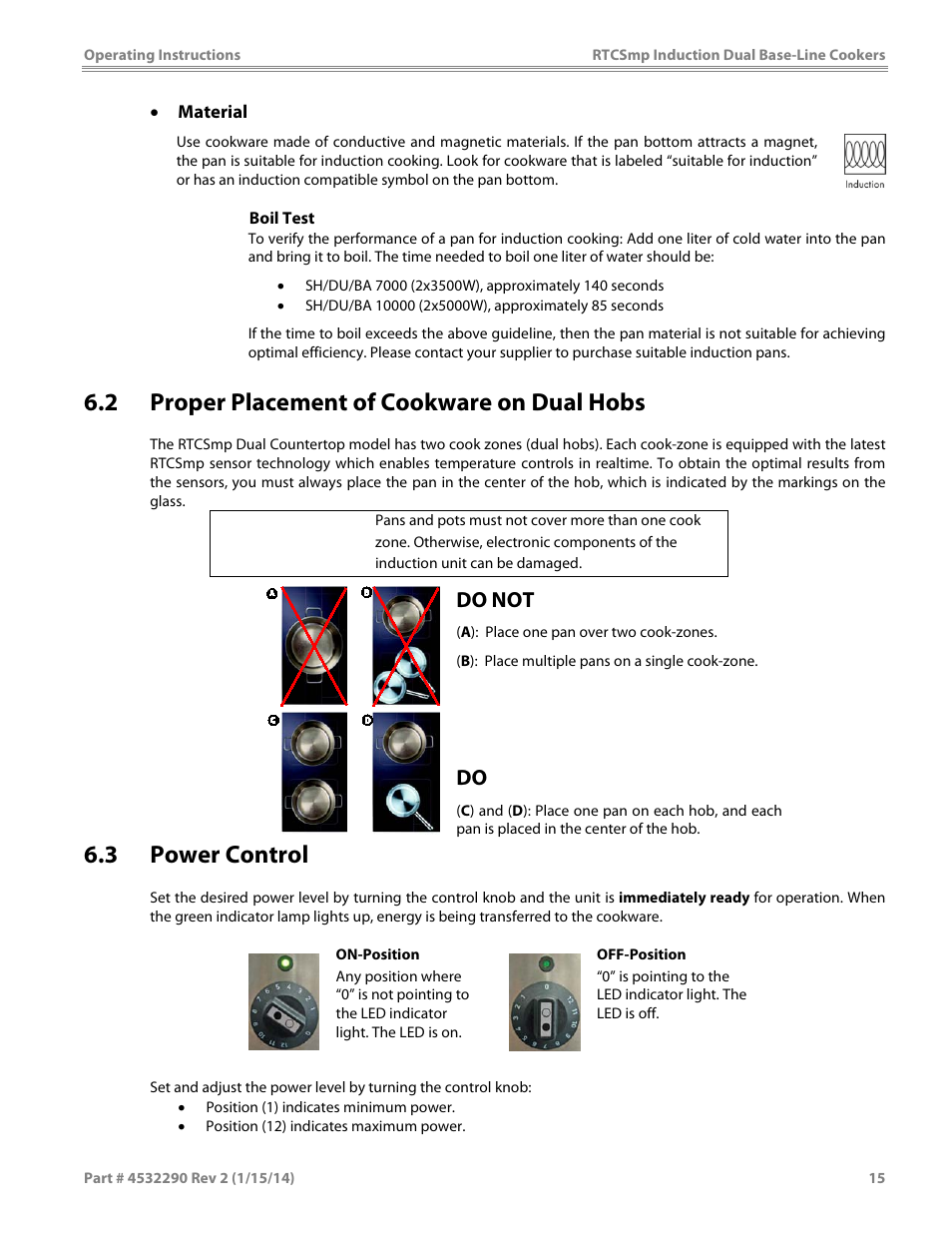 2 proper placement of cookware on dual hobs, 3 power control, Caution | Do not | Garland SHDUBA10000 INDUCTION DUAL-ZONE BASE-LINE COOKERS User Manual | Page 15 / 24