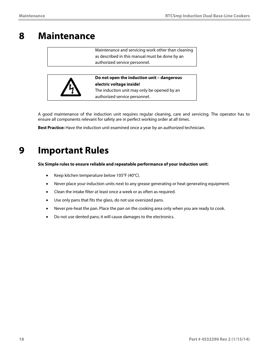 8 maintenance, 9 important rules, Caution | Garland SHDUBA10000 INDUCTION DUAL-ZONE BASE-LINE COOKERS User Manual | Page 18 / 24