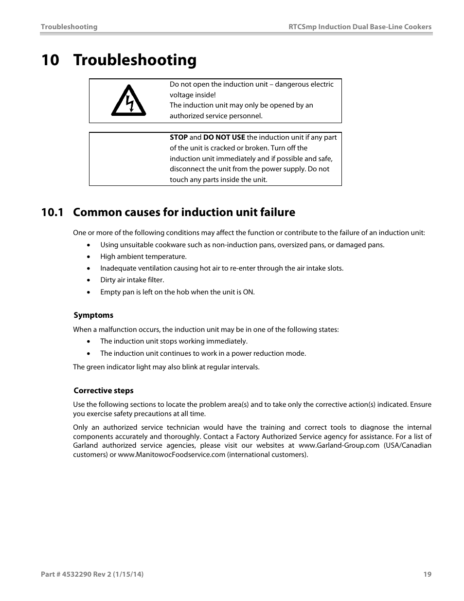 10 troubleshooting, 1 common causes for induction unit failure, Caution | Garland SHDUBA10000 INDUCTION DUAL-ZONE BASE-LINE COOKERS User Manual | Page 19 / 24