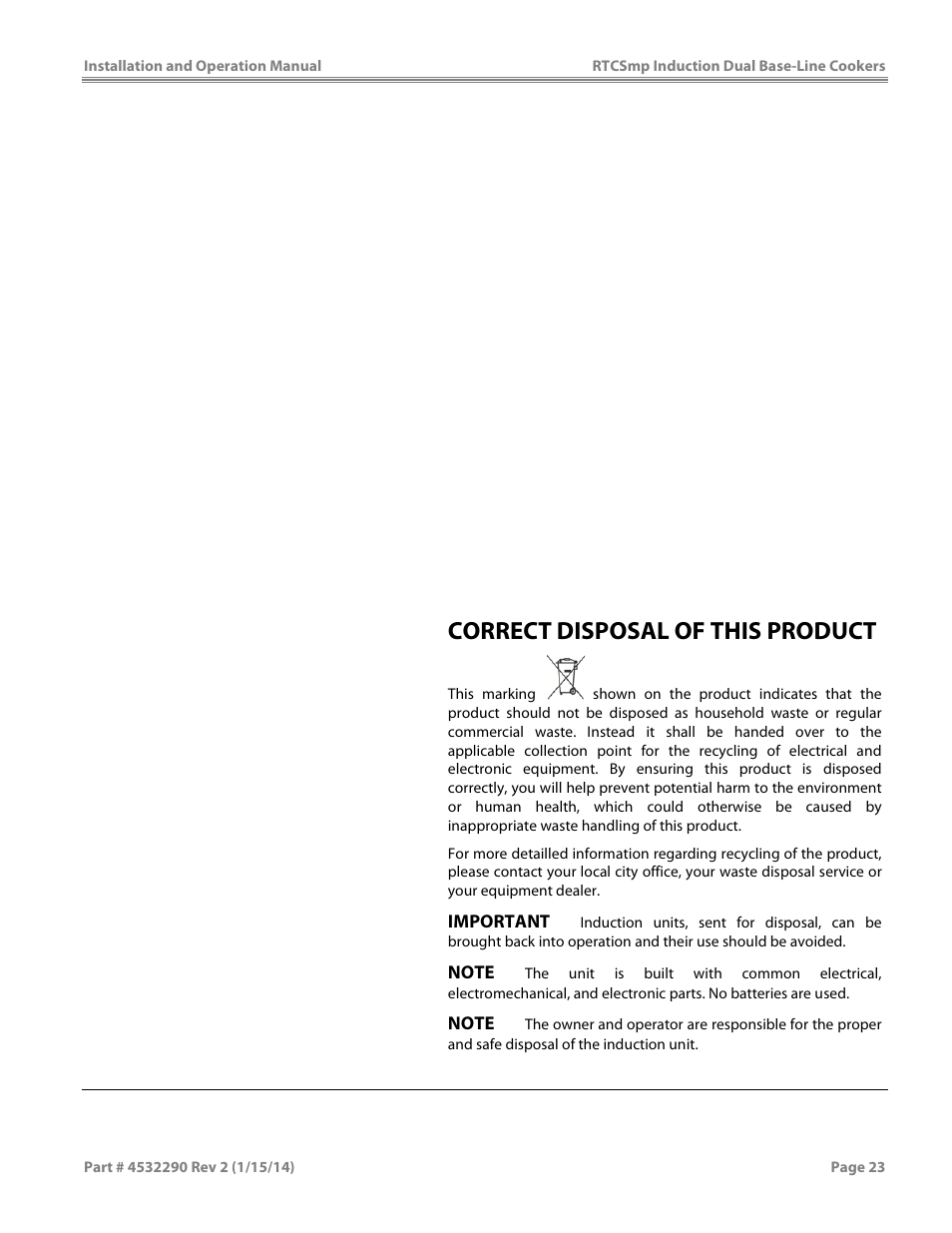 Correct disposal of this product | Garland SHDUBA10000 INDUCTION DUAL-ZONE BASE-LINE COOKERS User Manual | Page 23 / 24