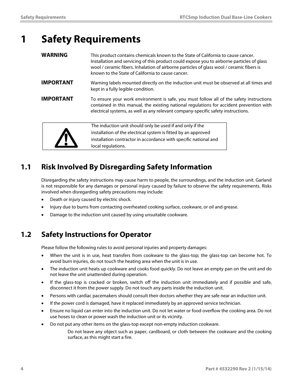 1 safety requirements, 1 risk involved by disregarding safety information, 2 safety instructions for operator | Garland SHDUBA10000 INDUCTION DUAL-ZONE BASE-LINE COOKERS User Manual | Page 4 / 24