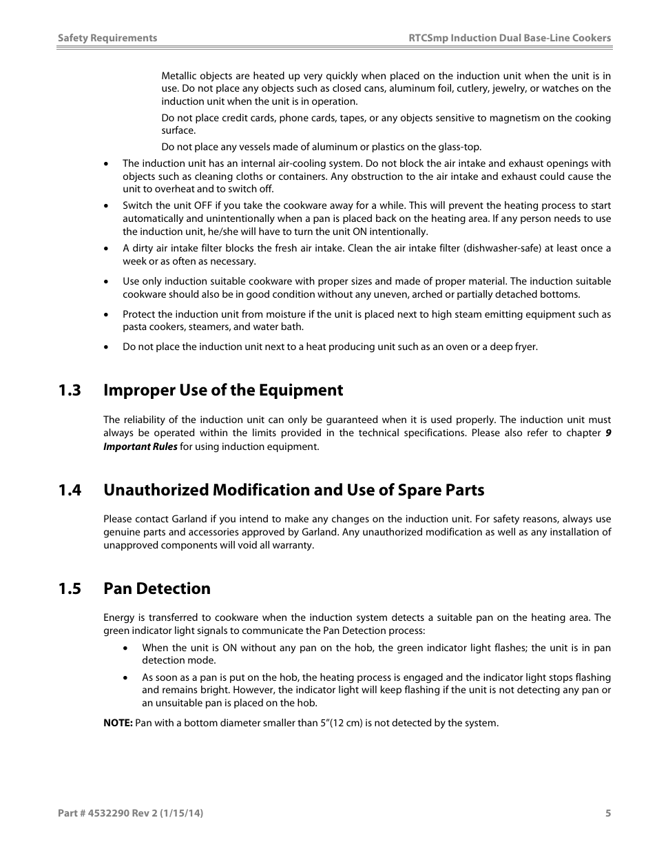 3 improper use of the equipment, 4 unauthorized modification and use of spare parts, 5 pan detection | Garland SHDUBA10000 INDUCTION DUAL-ZONE BASE-LINE COOKERS User Manual | Page 5 / 24