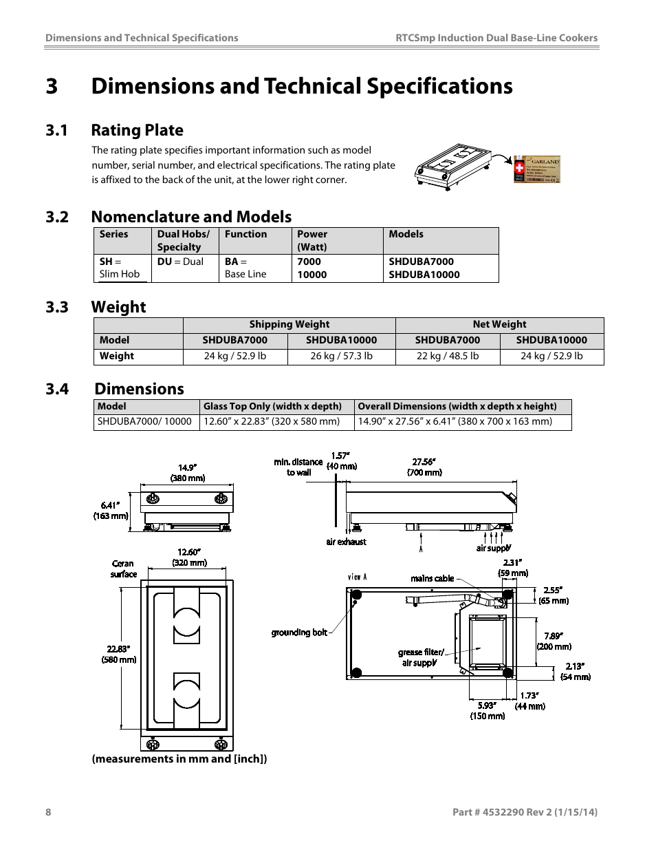 3 dimensions and technical specifications, 1 rating plate, 2 nomenclature and models | 3 weight, 4 dimensions | Garland SHDUBA10000 INDUCTION DUAL-ZONE BASE-LINE COOKERS User Manual | Page 8 / 24