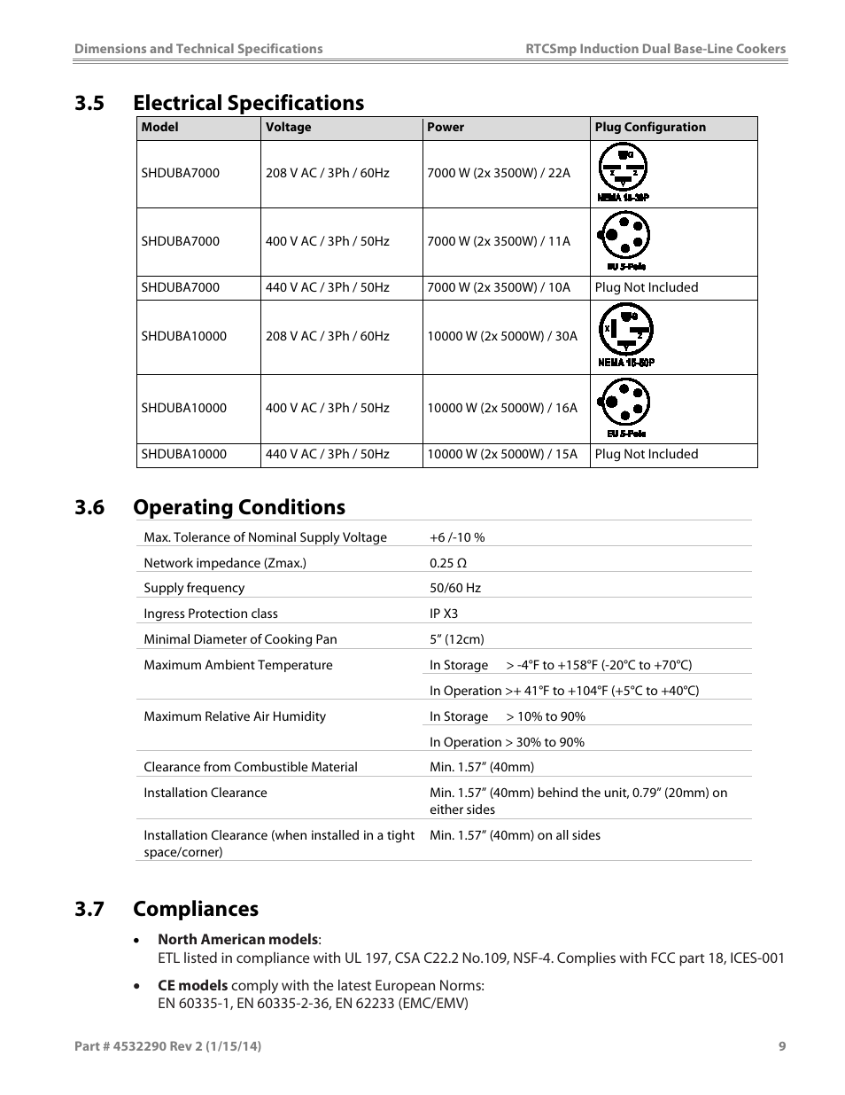 5 electrical specifications, 6 operating conditions, 7 compliances | Garland SHDUBA10000 INDUCTION DUAL-ZONE BASE-LINE COOKERS User Manual | Page 9 / 24