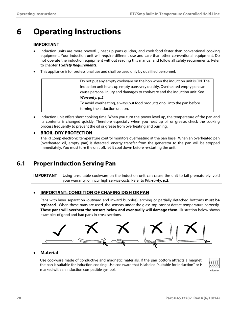 6operating instructions, 1 proper induction serving pan, Caution | Garland HO IN 3200 INDUCTION TEMPERATURE CONTROLLED BUILT-IN HOLD-LINE User Manual | Page 20 / 32