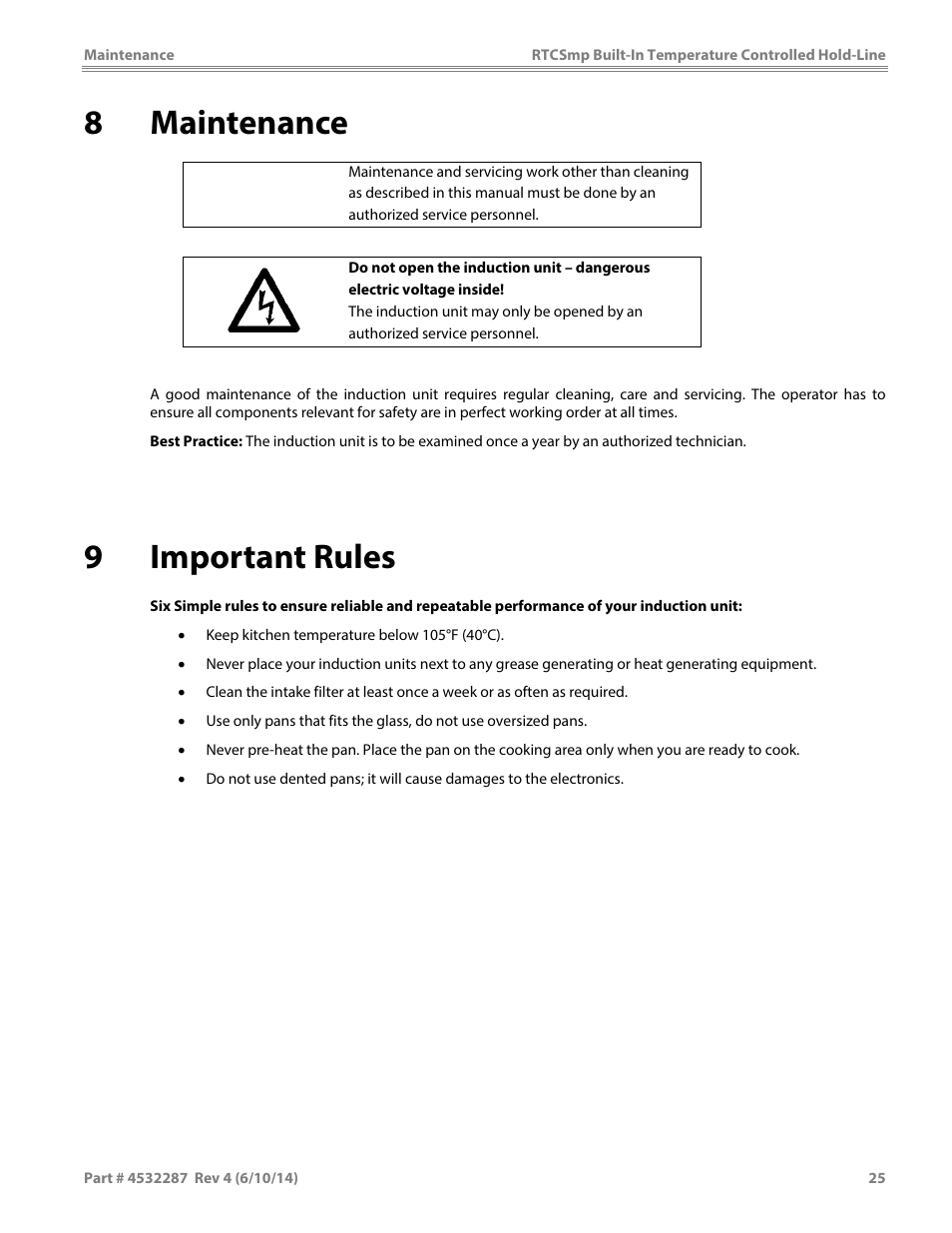 8maintenance, 9important rules, Caution | Garland HO IN 3200 INDUCTION TEMPERATURE CONTROLLED BUILT-IN HOLD-LINE User Manual | Page 25 / 32