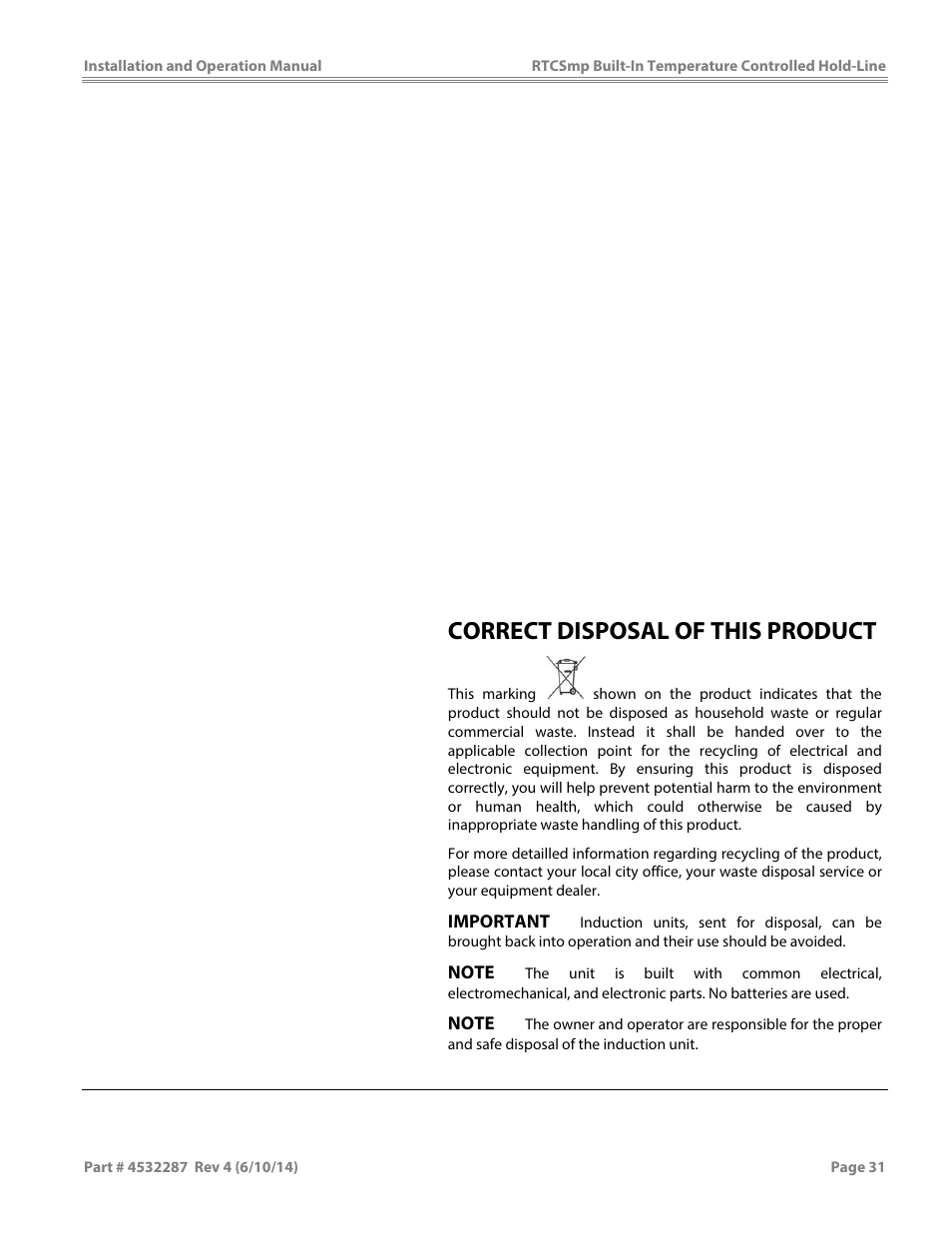 Correct disposal of this product | Garland HO IN 3200 INDUCTION TEMPERATURE CONTROLLED BUILT-IN HOLD-LINE User Manual | Page 31 / 32