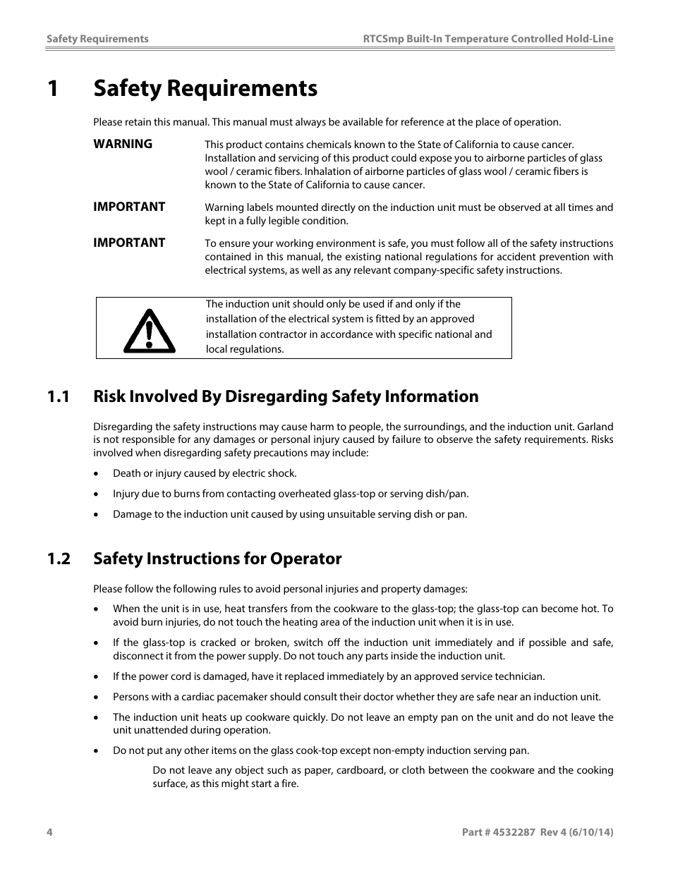 1safety requirements, 1 risk involved by disregarding safety information, 2 safety instructions for operator | Garland HO IN 3200 INDUCTION TEMPERATURE CONTROLLED BUILT-IN HOLD-LINE User Manual | Page 4 / 32
