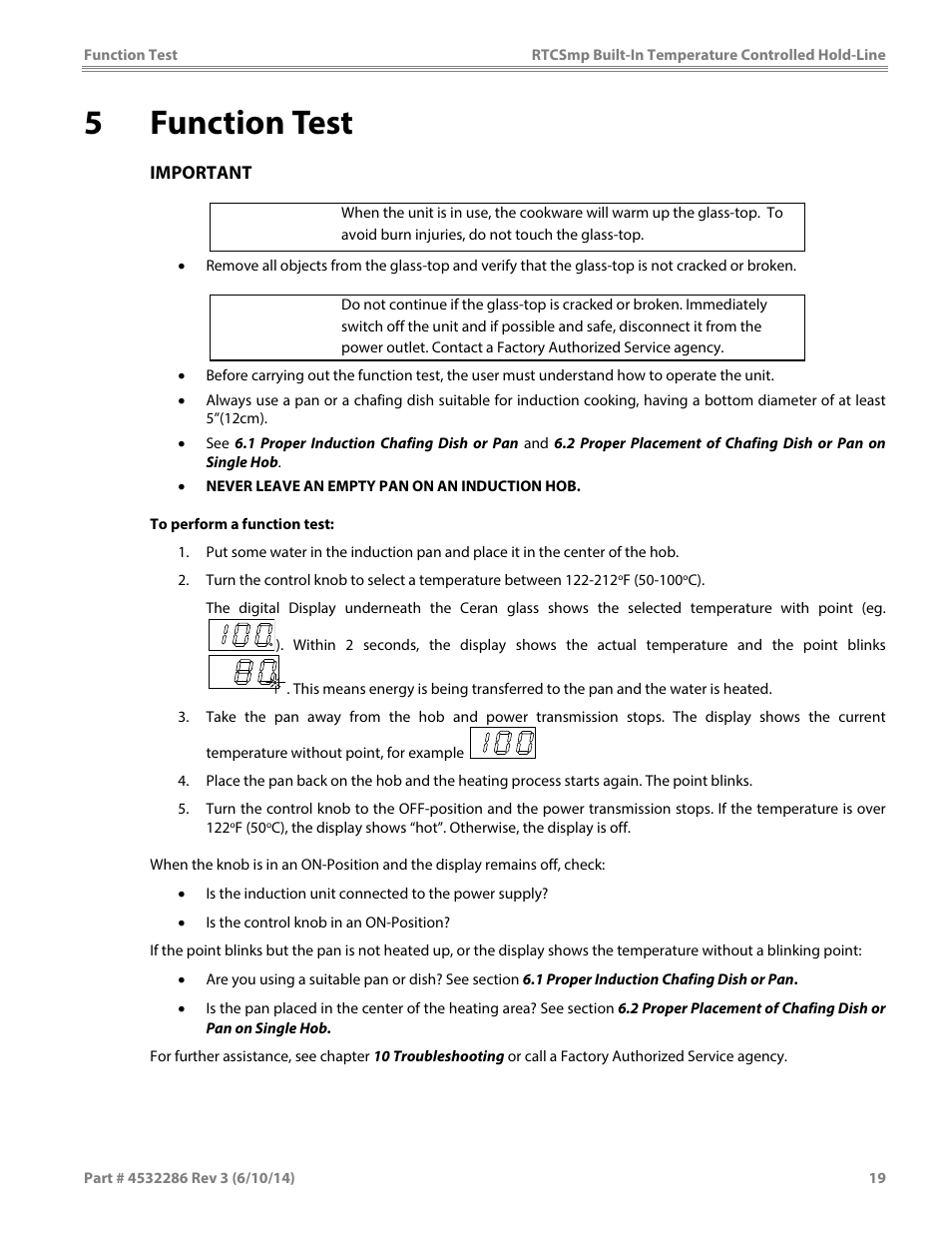 5function test, Caution | Garland HO IN 1800 INDUCTION TEMPERATURE CONTROLLED BUILT-IN HOLD-LINE User Manual | Page 19 / 32