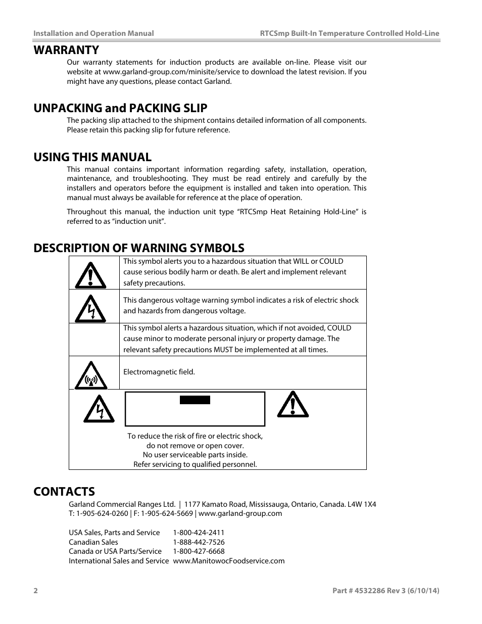 Warranty, Unpacking and packing slip, Using this manual | Description of warning symbols, Contacts | Garland HO IN 1800 INDUCTION TEMPERATURE CONTROLLED BUILT-IN HOLD-LINE User Manual | Page 2 / 32