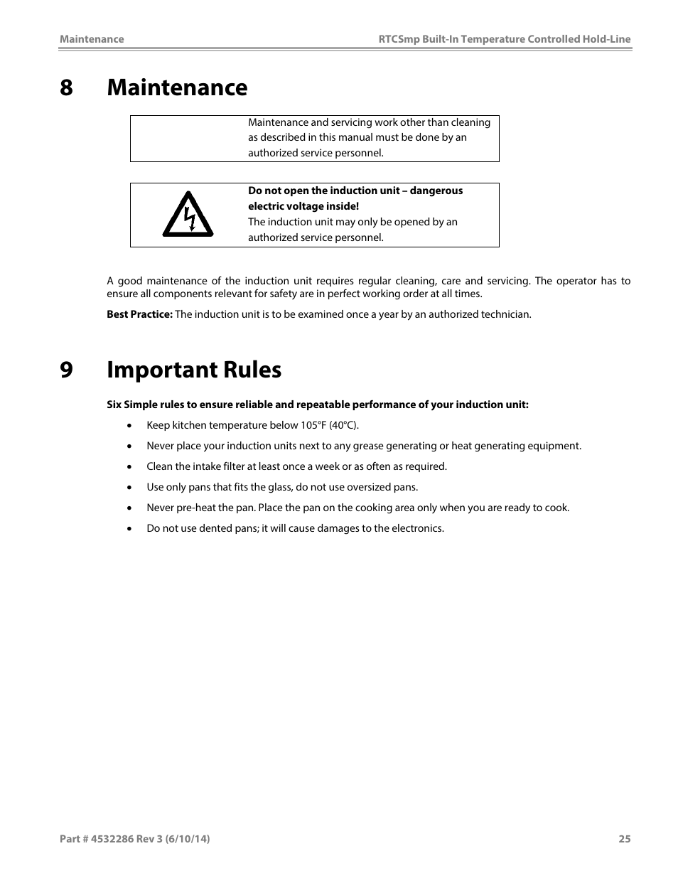 8maintenance, 9important rules | Garland HO IN 1800 INDUCTION TEMPERATURE CONTROLLED BUILT-IN HOLD-LINE User Manual | Page 25 / 32