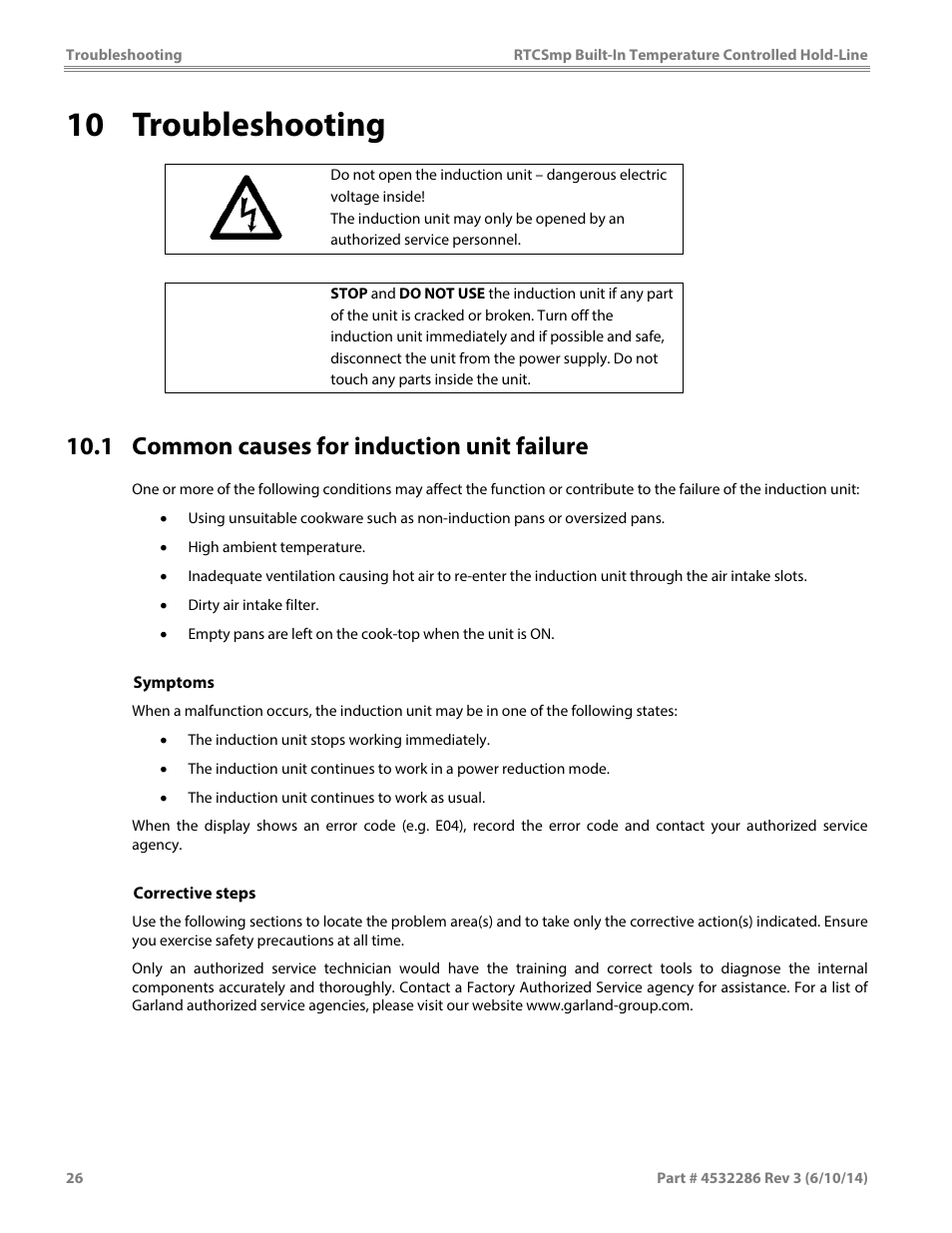 10 troubleshooting, 1 common causes for induction unit failure, Caution | Garland HO IN 1800 INDUCTION TEMPERATURE CONTROLLED BUILT-IN HOLD-LINE User Manual | Page 26 / 32