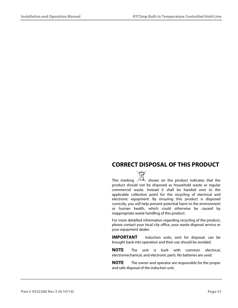 Correct disposal of this product | Garland HO IN 1800 INDUCTION TEMPERATURE CONTROLLED BUILT-IN HOLD-LINE User Manual | Page 31 / 32