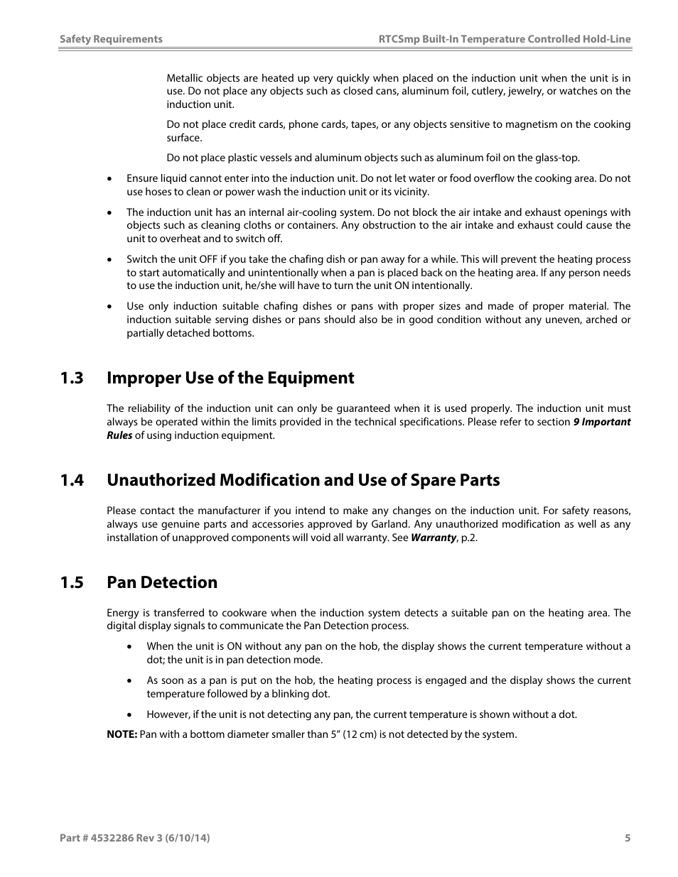 3 improper use of the equipment, 4 unauthorized modification and use of spare parts, 5 pan detection | Garland HO IN 1800 INDUCTION TEMPERATURE CONTROLLED BUILT-IN HOLD-LINE User Manual | Page 5 / 32
