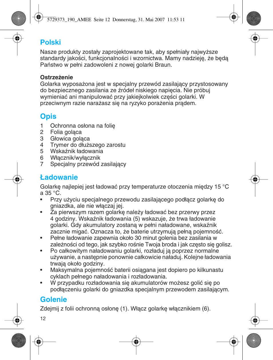 Polski, Opis, Adowanie | Golenie | Braun 190 User Manual | Page 11 / 53