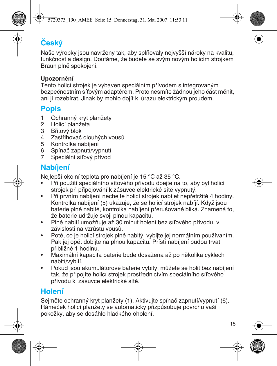 Âesk, Popis, Nabíjení | Holení | Braun 190 User Manual | Page 14 / 53