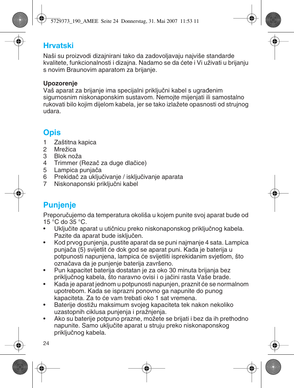 Hrvatski, Opis, Punjenje | Braun 190 User Manual | Page 23 / 53