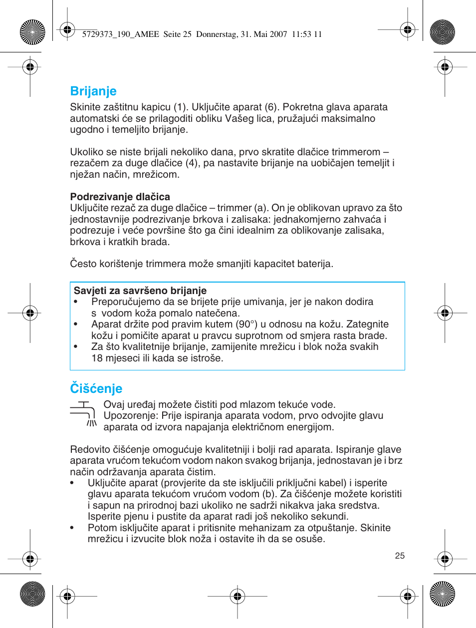 Brijanje, Âi‰çenje | Braun 190 User Manual | Page 24 / 53