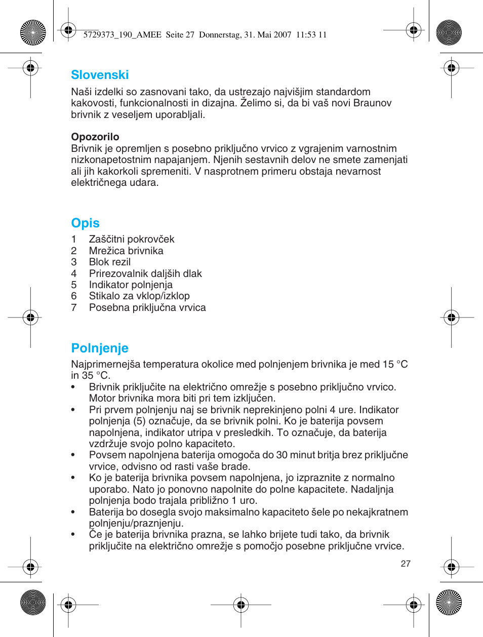 Slovenski, Opis, Polnjenje | Braun 190 User Manual | Page 26 / 53