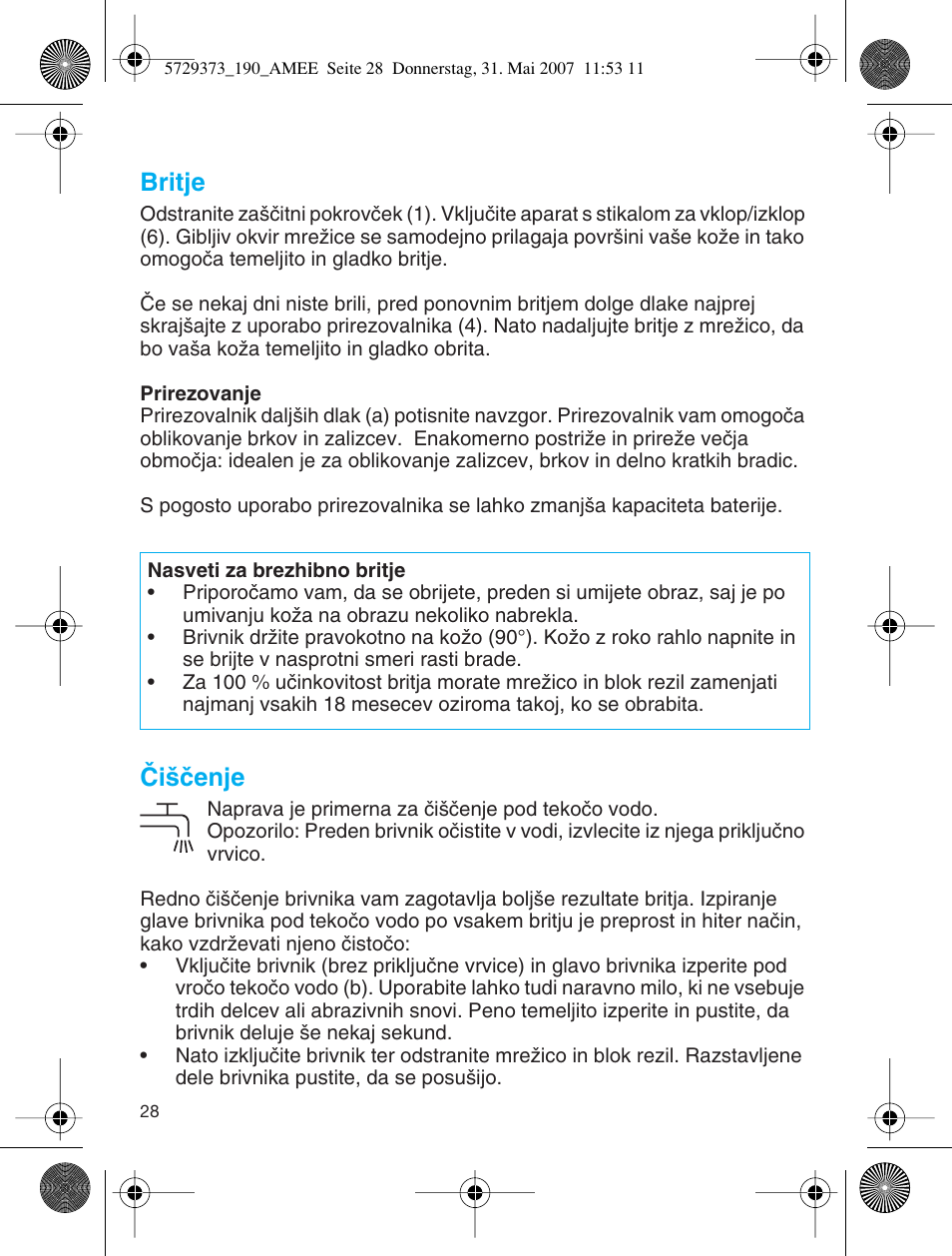 Britje, Âi‰ãenje | Braun 190 User Manual | Page 27 / 53