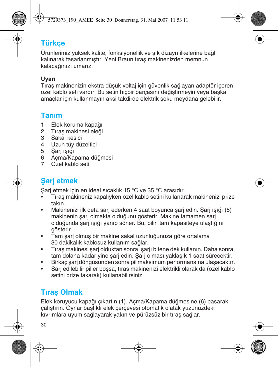 Türkçe, Tanım, Ωarj etmek | Tıraµ olmak | Braun 190 User Manual | Page 29 / 53