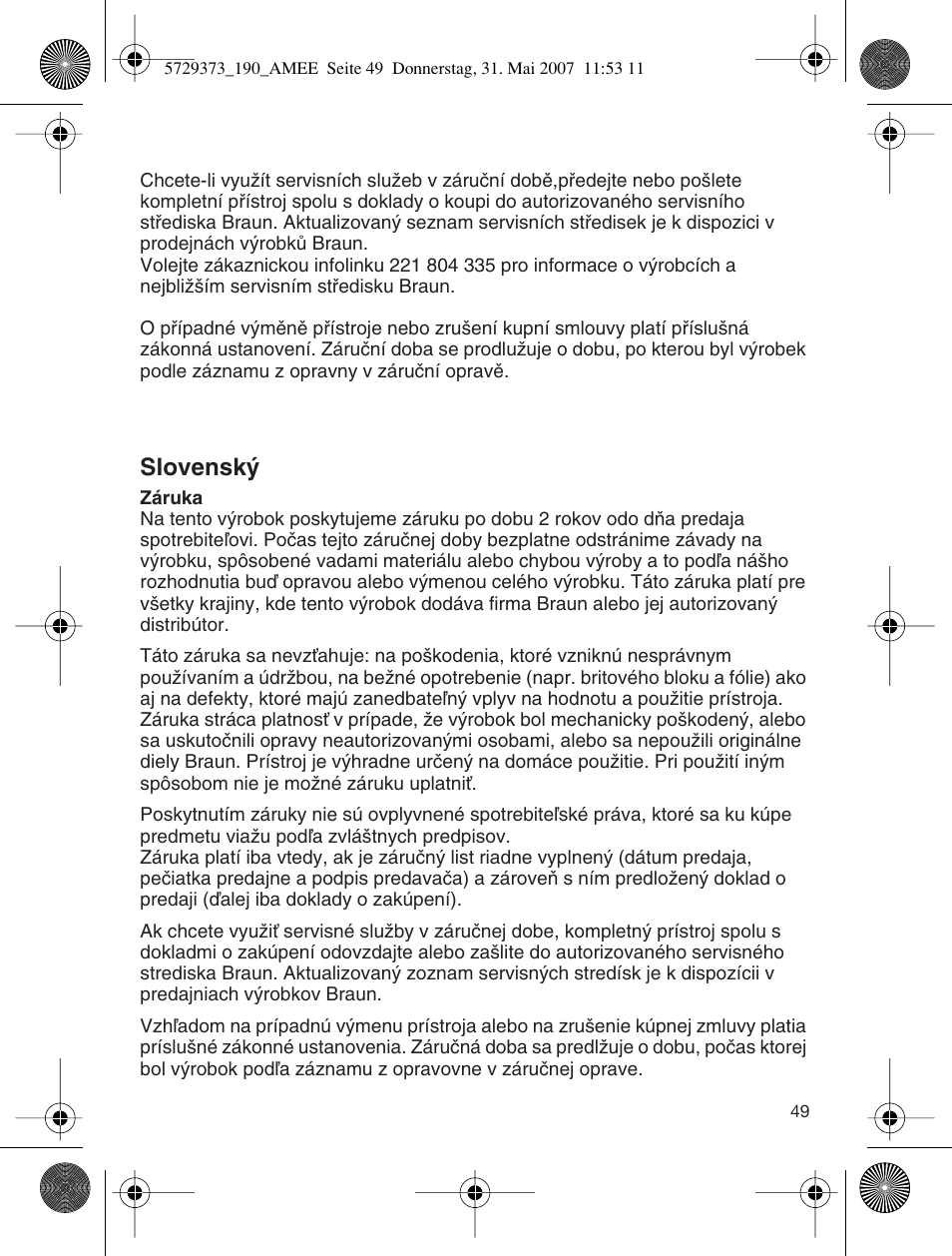 Slovensk | Braun 190 User Manual | Page 48 / 53