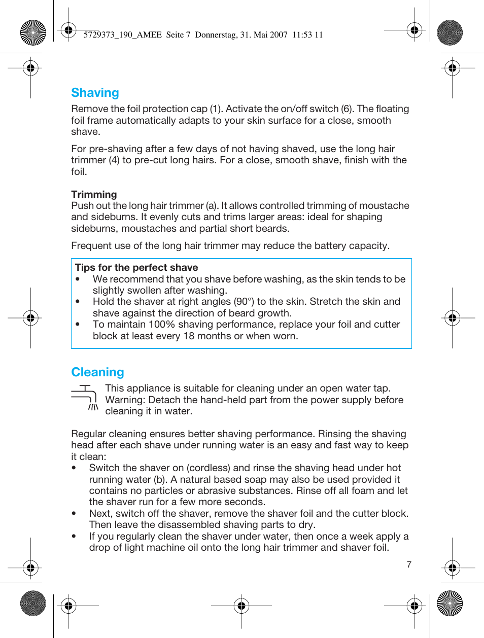 Shaving, Cleaning | Braun 190 User Manual | Page 6 / 53