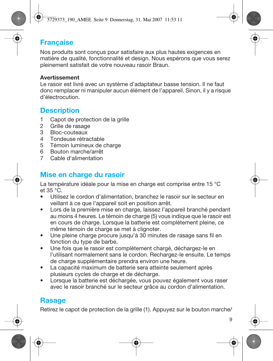 Française, Description, Mise en charge du rasoir | Rasage | Braun 190 User Manual | Page 8 / 53