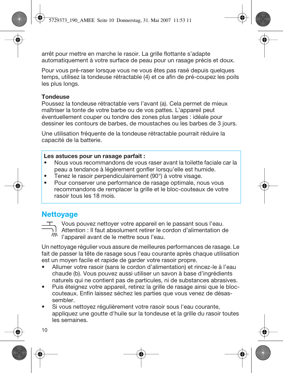 Nettoyage | Braun 190 User Manual | Page 9 / 53