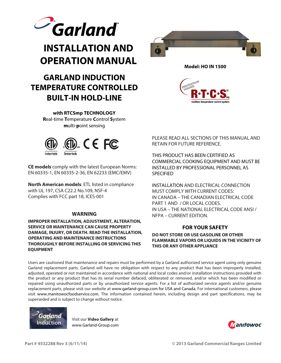 Garland HO IN 1500 INDUCTION TEMPERATURE CONTROLLED BUILT-IN HOLD-LINE User Manual | 28 pages