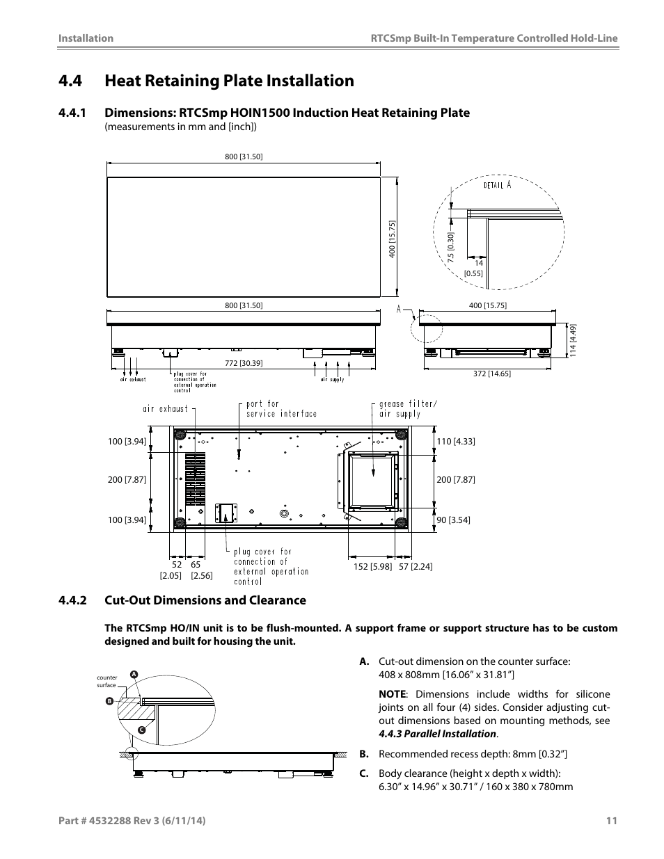 4 heat retaining plate installation, 2 cut-out dimensions and clearance | Garland HO IN 1500 INDUCTION TEMPERATURE CONTROLLED BUILT-IN HOLD-LINE User Manual | Page 11 / 28
