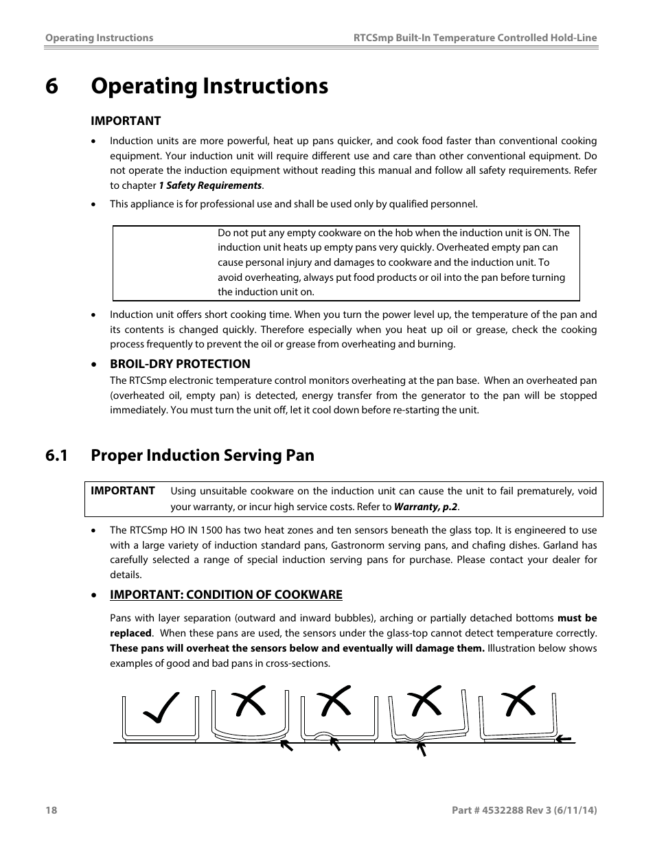 6operating instructions, 1 proper induction serving pan, Caution | Garland HO IN 1500 INDUCTION TEMPERATURE CONTROLLED BUILT-IN HOLD-LINE User Manual | Page 18 / 28