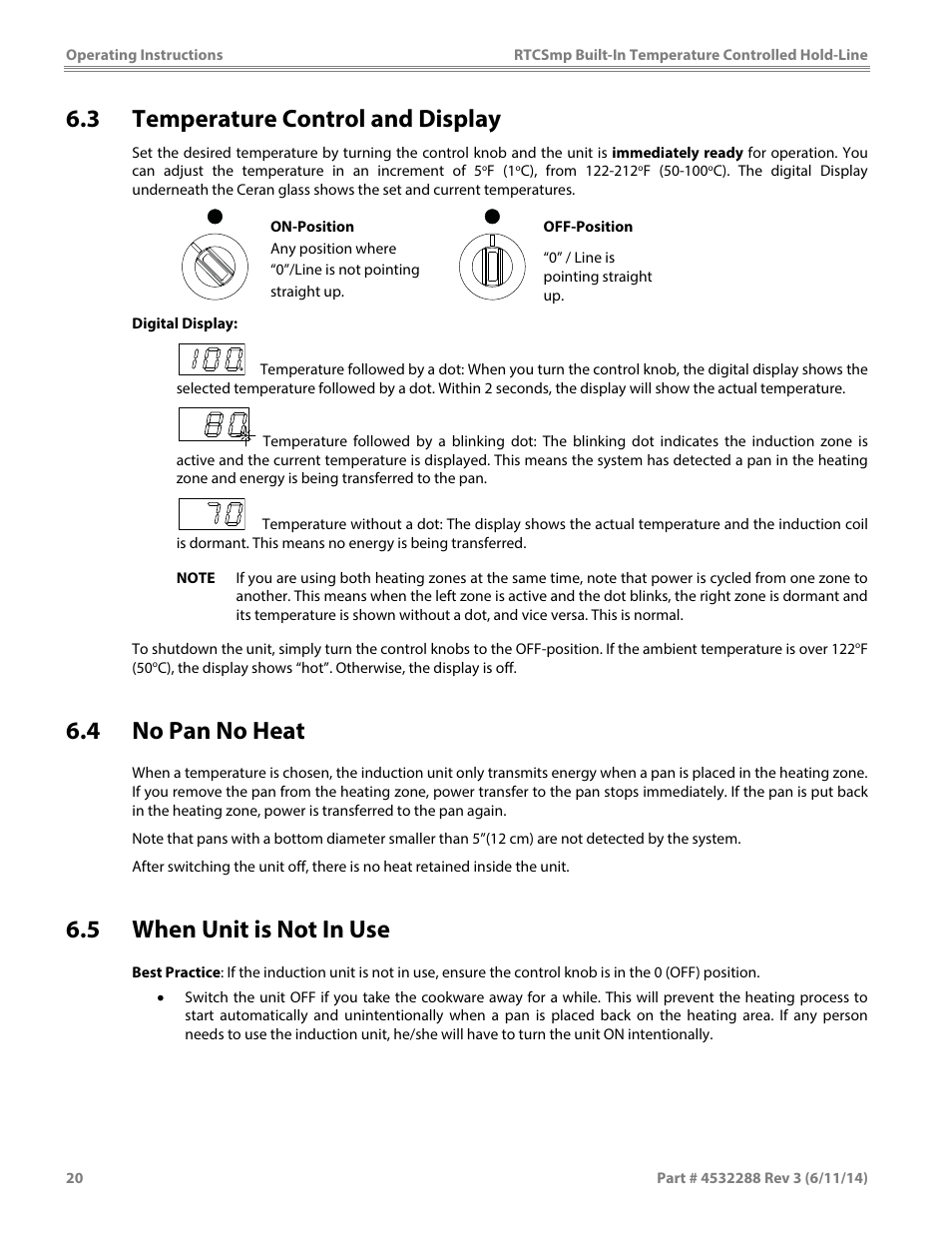 3 temperature control and display, 4 no pan no heat, 5 when unit is not in use | Garland HO IN 1500 INDUCTION TEMPERATURE CONTROLLED BUILT-IN HOLD-LINE User Manual | Page 20 / 28