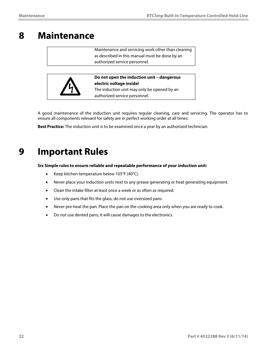 8maintenance, 9important rules | Garland HO IN 1500 INDUCTION TEMPERATURE CONTROLLED BUILT-IN HOLD-LINE User Manual | Page 22 / 28