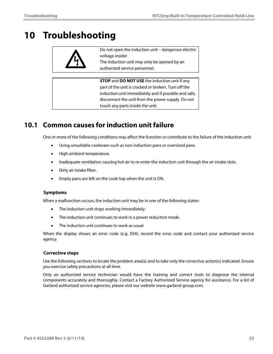 10 troubleshooting, 1 common causes for induction unit failure, Caution | Garland HO IN 1500 INDUCTION TEMPERATURE CONTROLLED BUILT-IN HOLD-LINE User Manual | Page 23 / 28