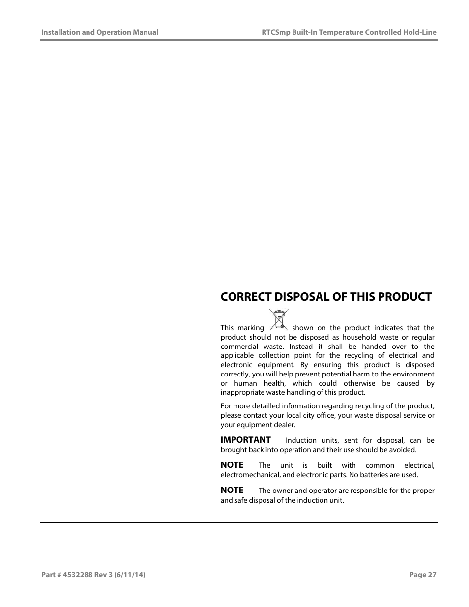 Correct disposal of this product | Garland HO IN 1500 INDUCTION TEMPERATURE CONTROLLED BUILT-IN HOLD-LINE User Manual | Page 27 / 28
