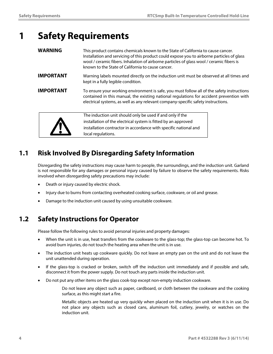 1safety requirements, 1 risk involved by disregarding safety information, 2 safety instructions for operator | Garland HO IN 1500 INDUCTION TEMPERATURE CONTROLLED BUILT-IN HOLD-LINE User Manual | Page 4 / 28