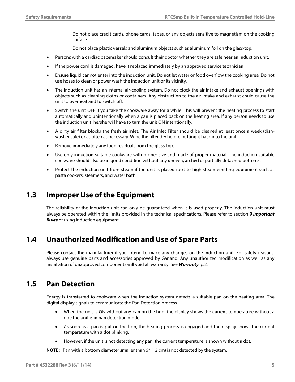 3 improper use of the equipment, 4 unauthorized modification and use of spare parts, 5 pan detection | Garland HO IN 1500 INDUCTION TEMPERATURE CONTROLLED BUILT-IN HOLD-LINE User Manual | Page 5 / 28
