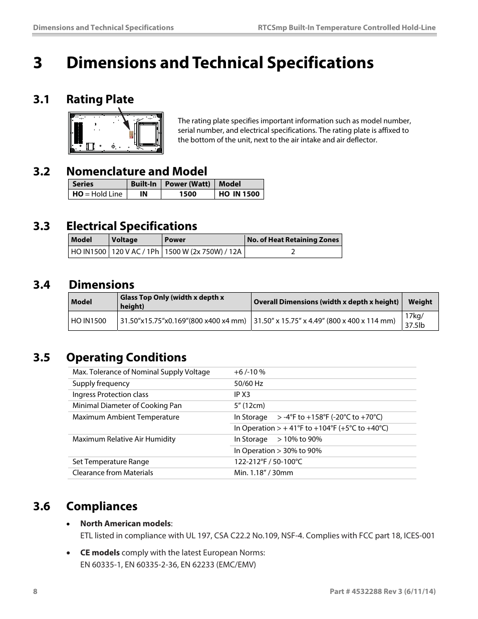 3dimensions and technical specifications, 1 rating plate, 2 nomenclature and model | 3 electrical specifications, 4 dimensions, 5 operating conditions, 6 compliances | Garland HO IN 1500 INDUCTION TEMPERATURE CONTROLLED BUILT-IN HOLD-LINE User Manual | Page 8 / 28