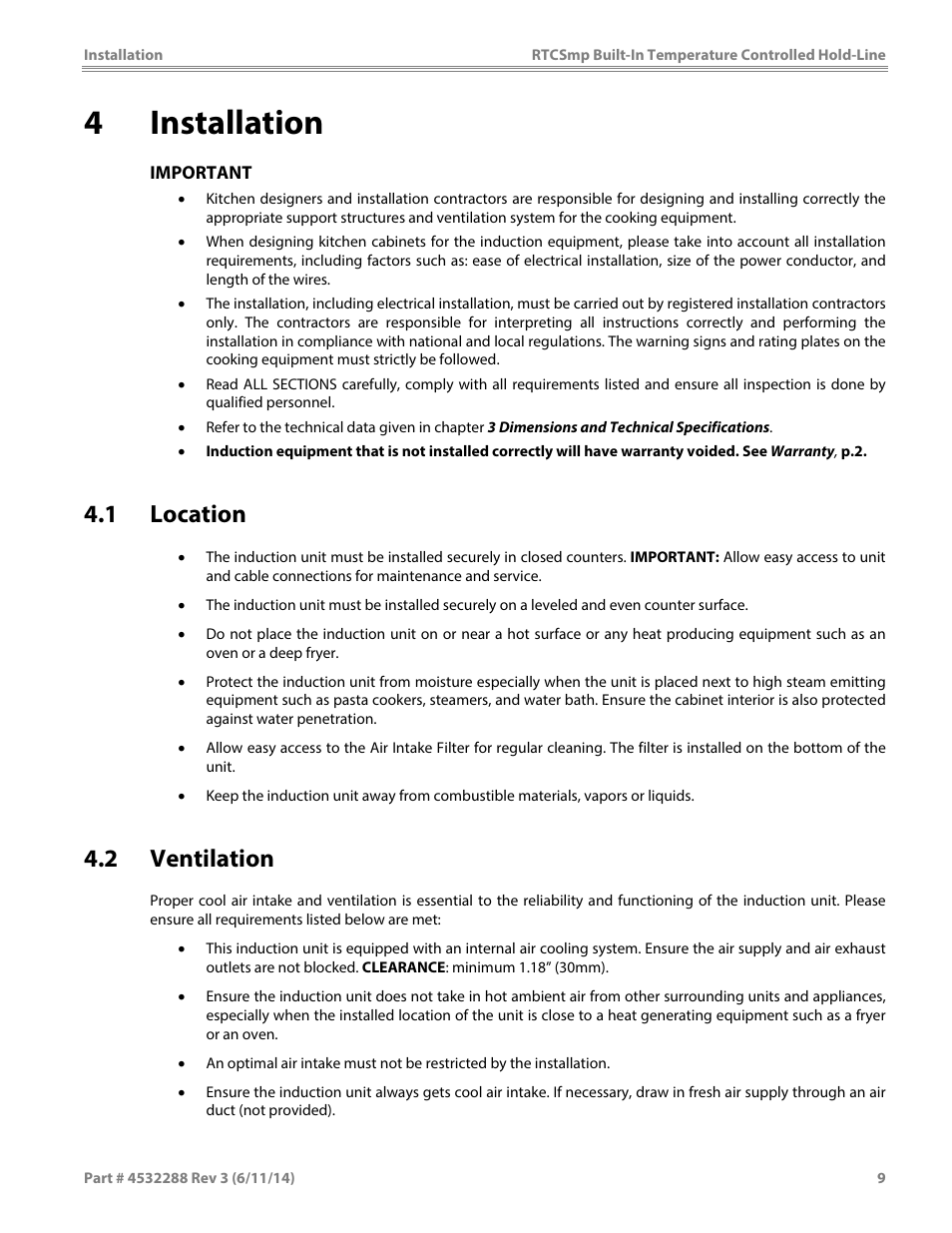4installation, 1 location, 2 ventilation | Garland HO IN 1500 INDUCTION TEMPERATURE CONTROLLED BUILT-IN HOLD-LINE User Manual | Page 9 / 28