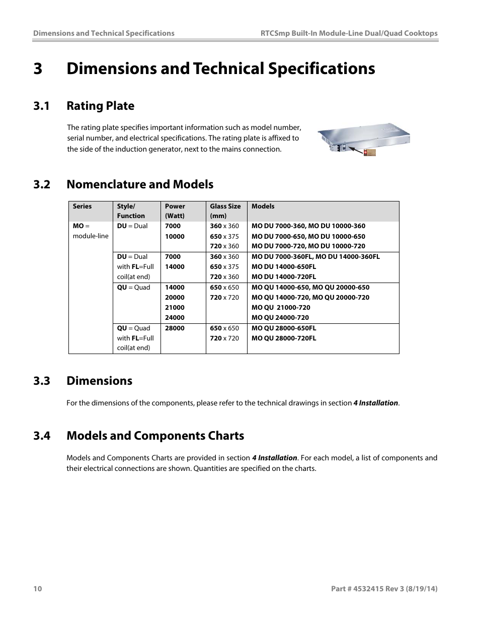 3dimensions and technical specifications, 1 rating plate, 2 nomenclature and models | 3 dimensions, 4 models and components charts | Garland MO QU 28000 FL INDUCTION MODULE-LINE COOKTOPS DUAL/QUAD User Manual | Page 10 / 48