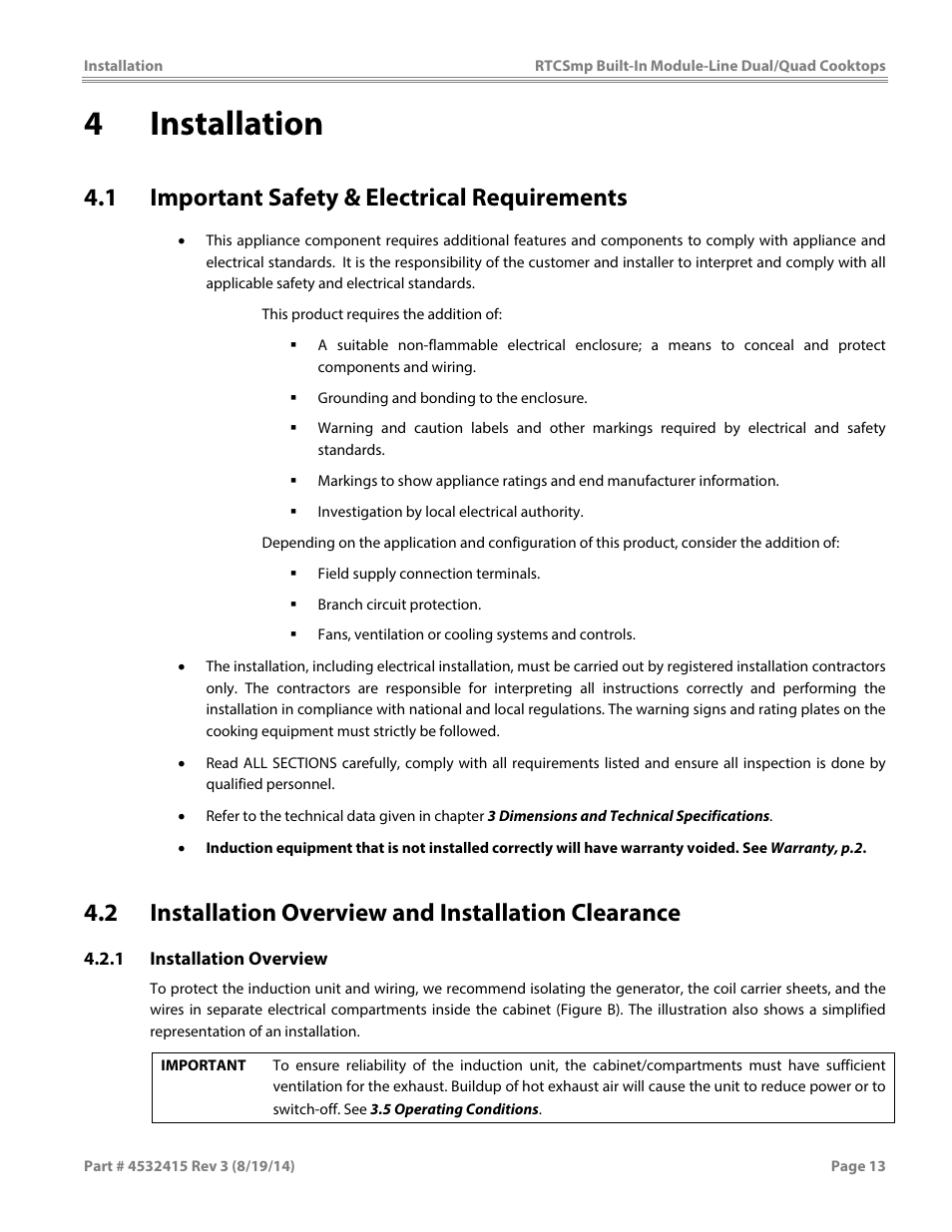 4installation, 1 important safety & electrical requirements, 2 installation overview and installation clearance | Garland MO QU 28000 FL INDUCTION MODULE-LINE COOKTOPS DUAL/QUAD User Manual | Page 13 / 48