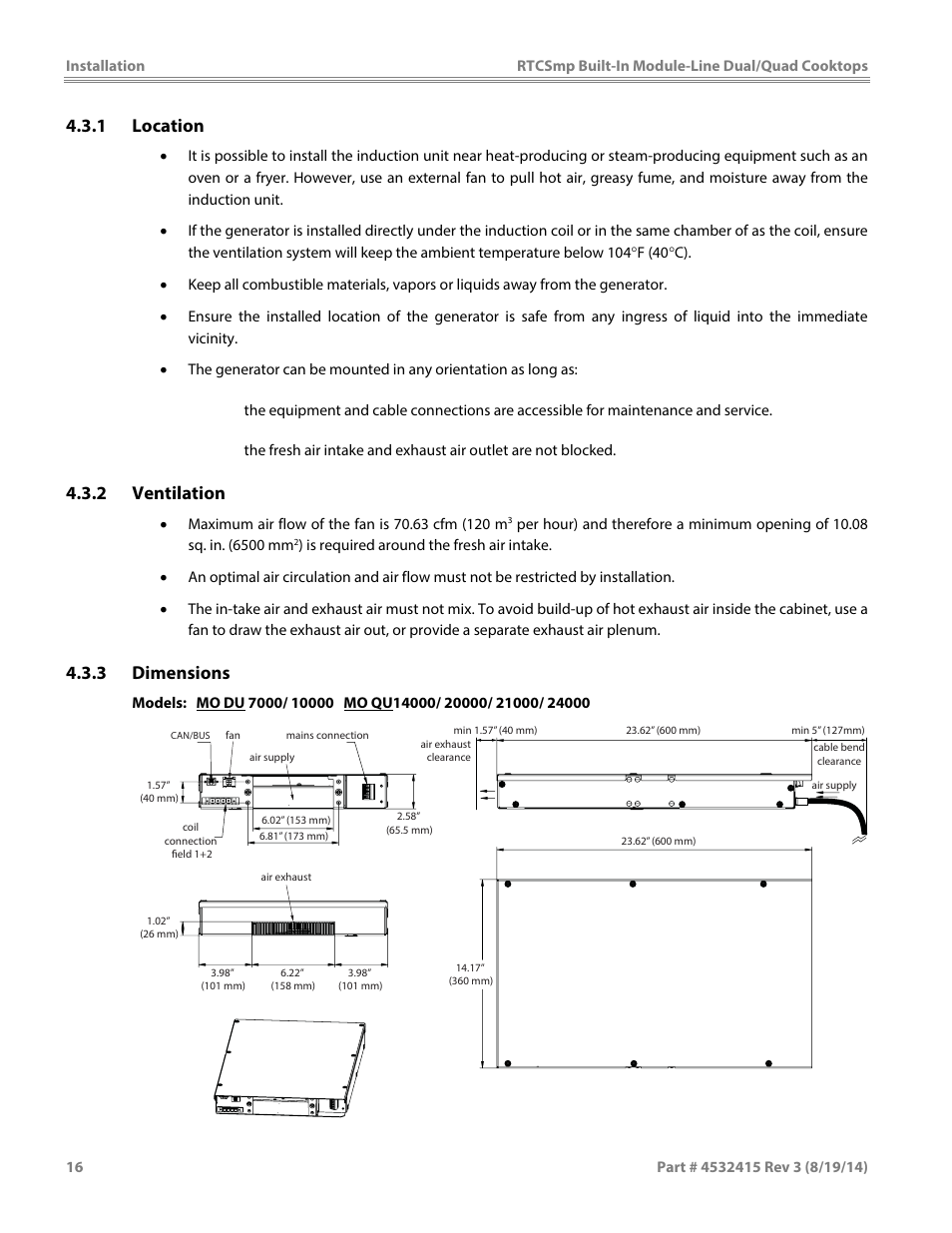 1 location, 2 ventilation, 3 dimensions | Garland MO QU 28000 FL INDUCTION MODULE-LINE COOKTOPS DUAL/QUAD User Manual | Page 16 / 48