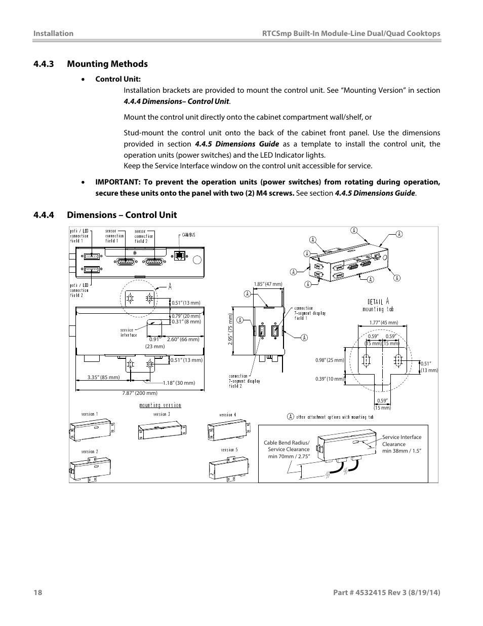 3 mounting methods, 4 dimensions – control unit | Garland MO QU 28000 FL INDUCTION MODULE-LINE COOKTOPS DUAL/QUAD User Manual | Page 18 / 48