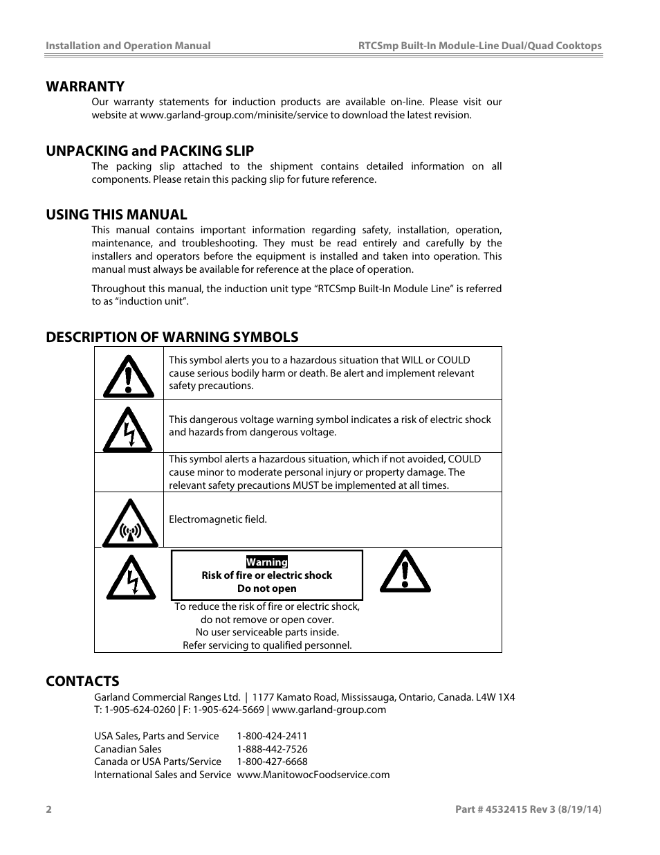 Warranty, Unpacking and packing slip, Using this manual | Description of warning symbols, Contacts | Garland MO QU 28000 FL INDUCTION MODULE-LINE COOKTOPS DUAL/QUAD User Manual | Page 2 / 48