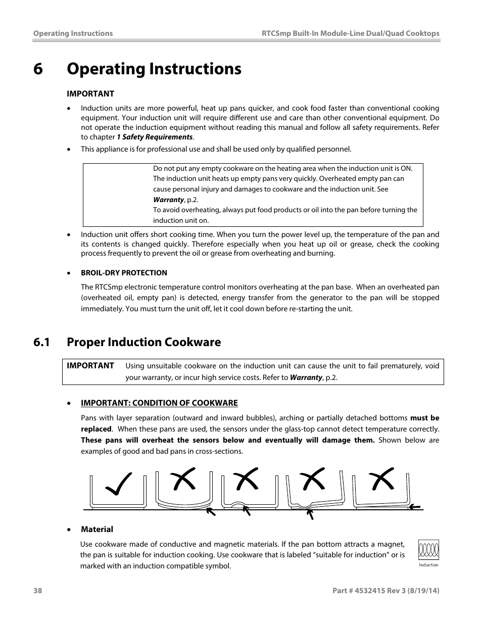 6operating instructions, 1 proper induction cookware | Garland MO QU 28000 FL INDUCTION MODULE-LINE COOKTOPS DUAL/QUAD User Manual | Page 38 / 48