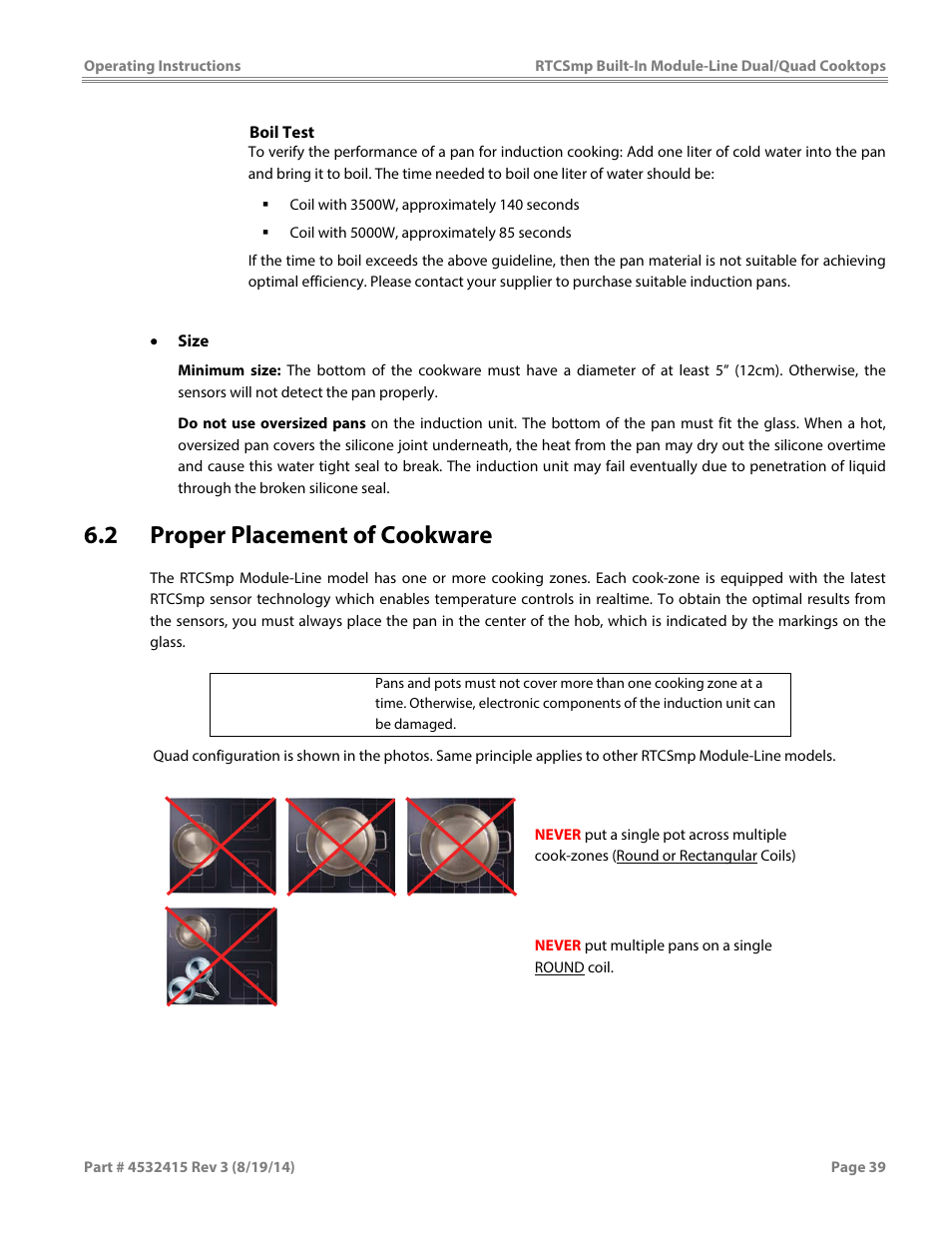 2 proper placement of cookware | Garland MO QU 28000 FL INDUCTION MODULE-LINE COOKTOPS DUAL/QUAD User Manual | Page 39 / 48