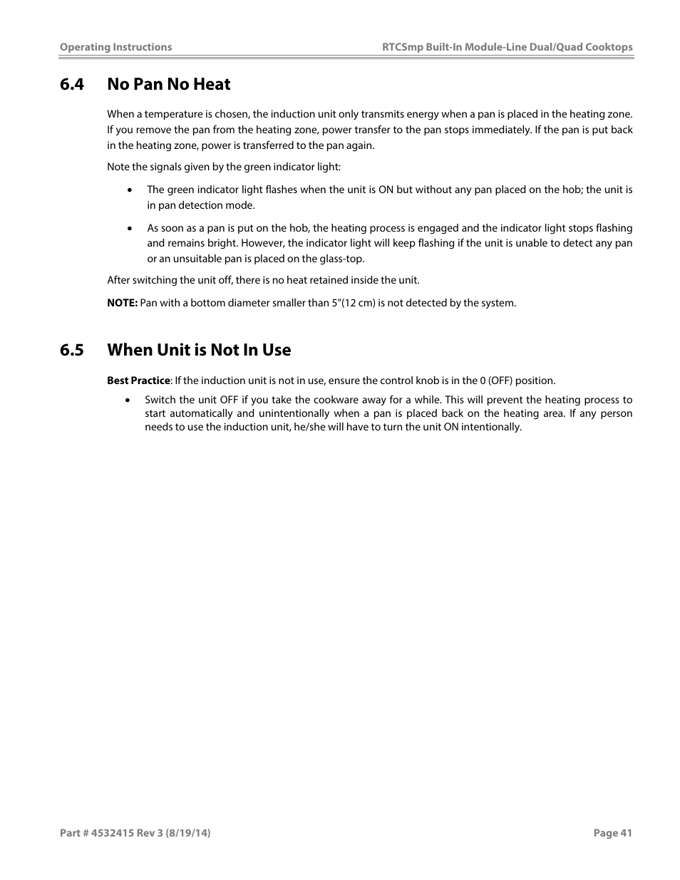 4 no pan no heat, 5 when unit is not in use | Garland MO QU 28000 FL INDUCTION MODULE-LINE COOKTOPS DUAL/QUAD User Manual | Page 41 / 48