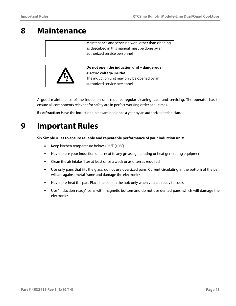 8maintenance, 9important rules | Garland MO QU 28000 FL INDUCTION MODULE-LINE COOKTOPS DUAL/QUAD User Manual | Page 43 / 48