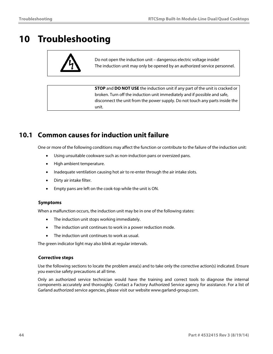 10 troubleshooting, 1 common causes for induction unit failure, Caution | Garland MO QU 28000 FL INDUCTION MODULE-LINE COOKTOPS DUAL/QUAD User Manual | Page 44 / 48